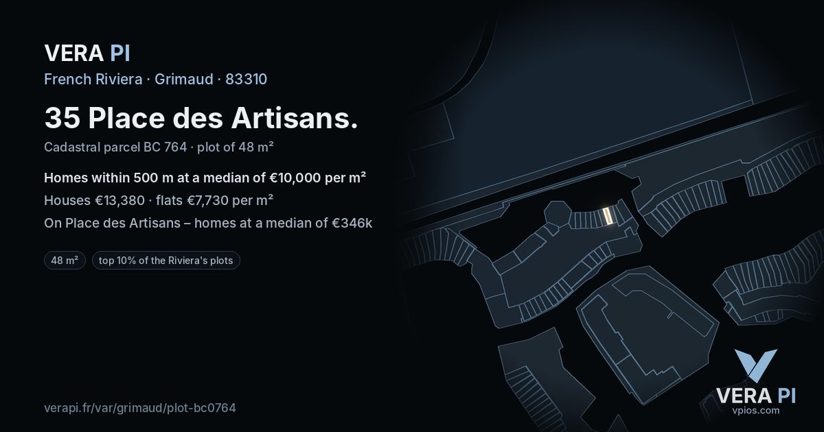 35 Place des Artisans, Grimaud at night – the plot lit, the parcels around coloured by the prices near them