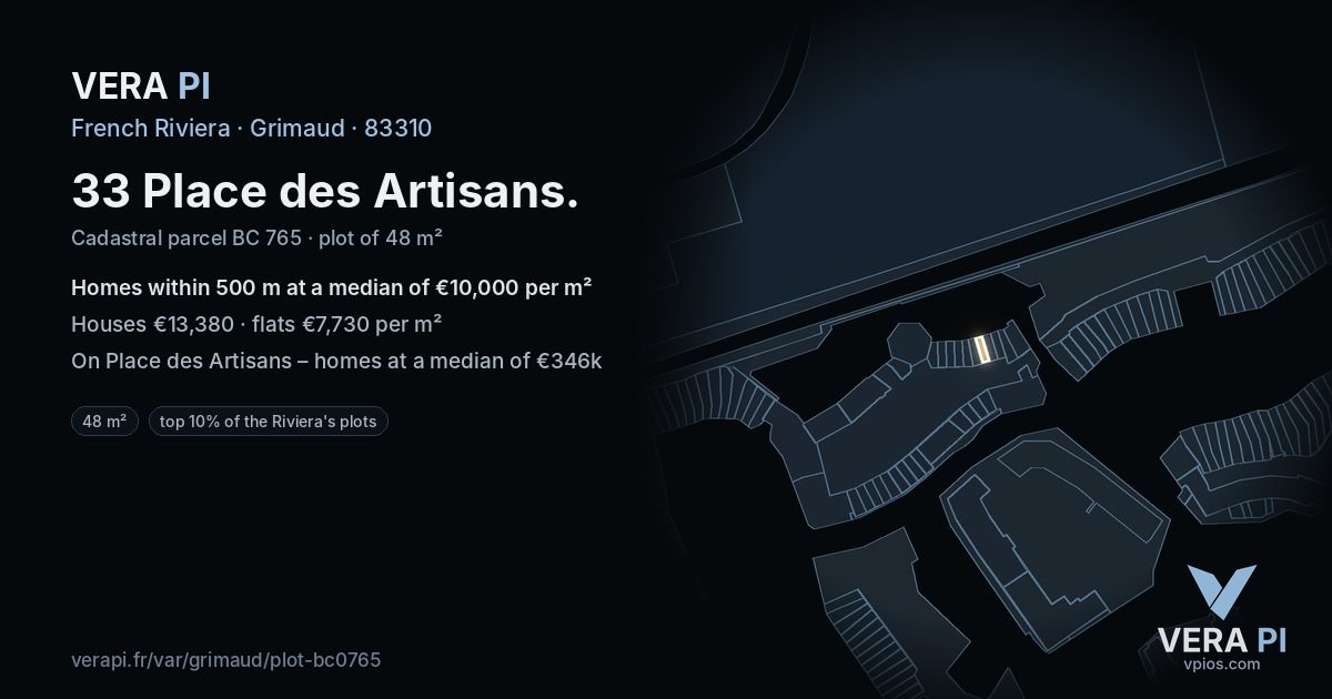33 Place des Artisans, Grimaud at night – the plot lit, the parcels around coloured by the prices near them