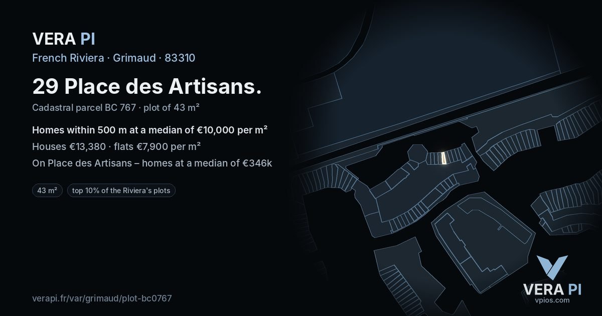 29 Place des Artisans, Grimaud at night – the plot lit, the parcels around coloured by the prices near them