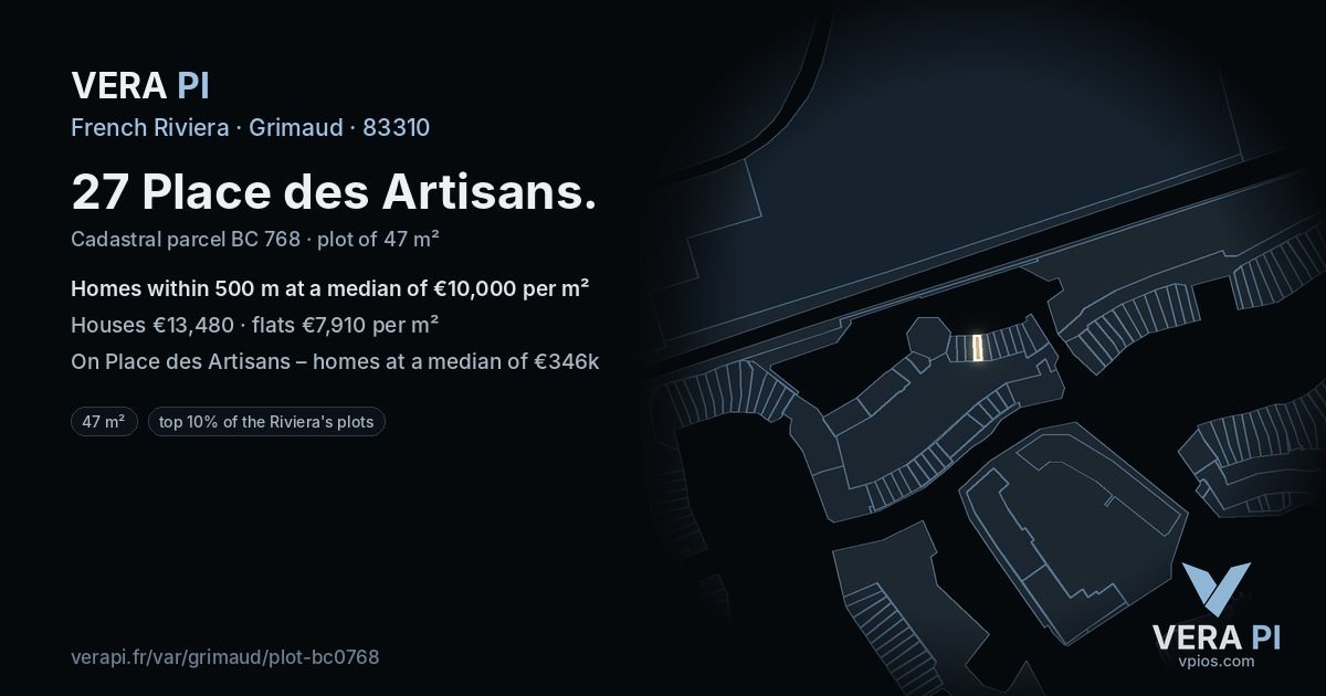 27 Place des Artisans, Grimaud at night – the plot lit, the parcels around coloured by the prices near them