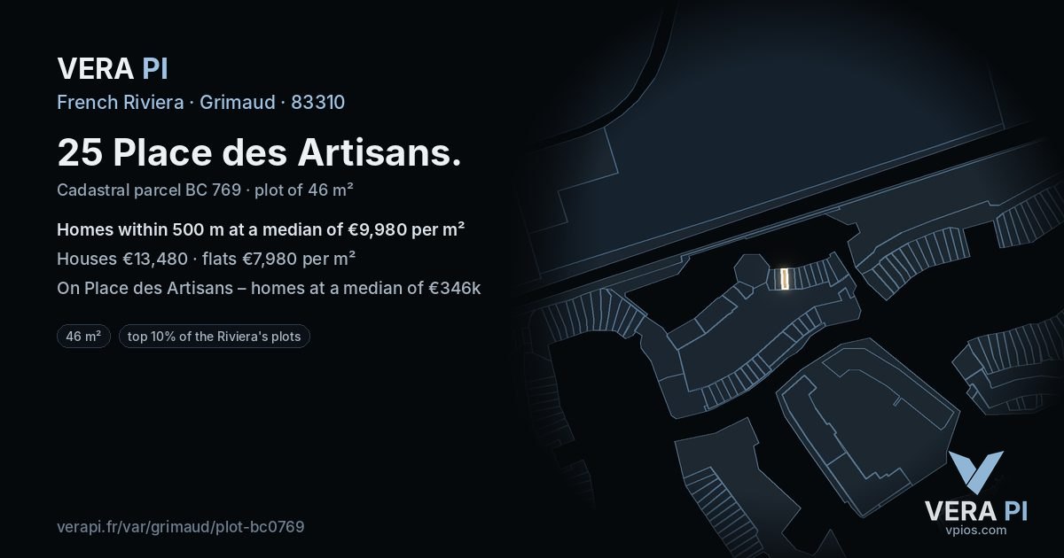 25 Place des Artisans, Grimaud at night – the plot lit, the parcels around coloured by the prices near them