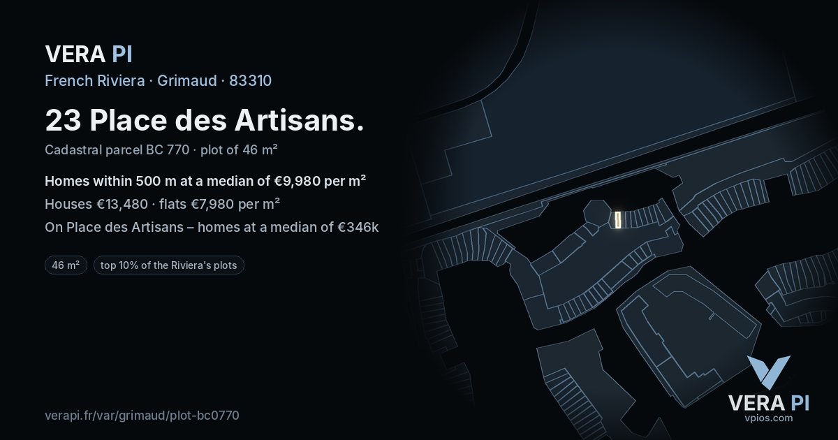 23 Place des Artisans, Grimaud at night – the plot lit, the parcels around coloured by the prices near them