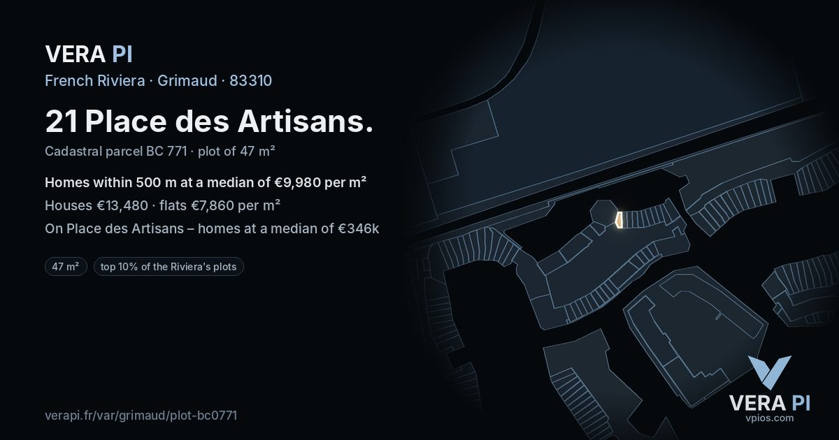 21 Place des Artisans, Grimaud at night – the plot lit, the parcels around coloured by the prices near them