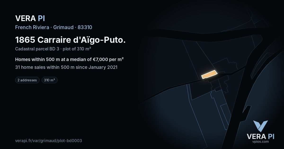1865 Carraire d'Aïgo-Puto, Grimaud at night – the plot lit, the parcels around coloured by the prices near them