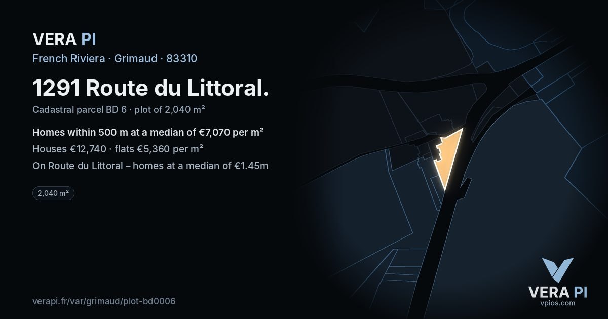 1291 Route du Littoral, Grimaud at night – the plot lit, the parcels around coloured by the prices near them