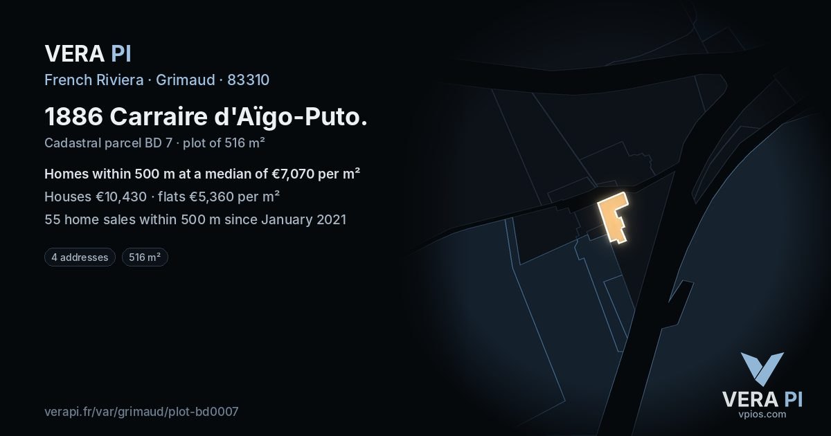 1886 Carraire d'Aïgo-Puto, Grimaud at night – the plot lit, the parcels around coloured by the prices near them