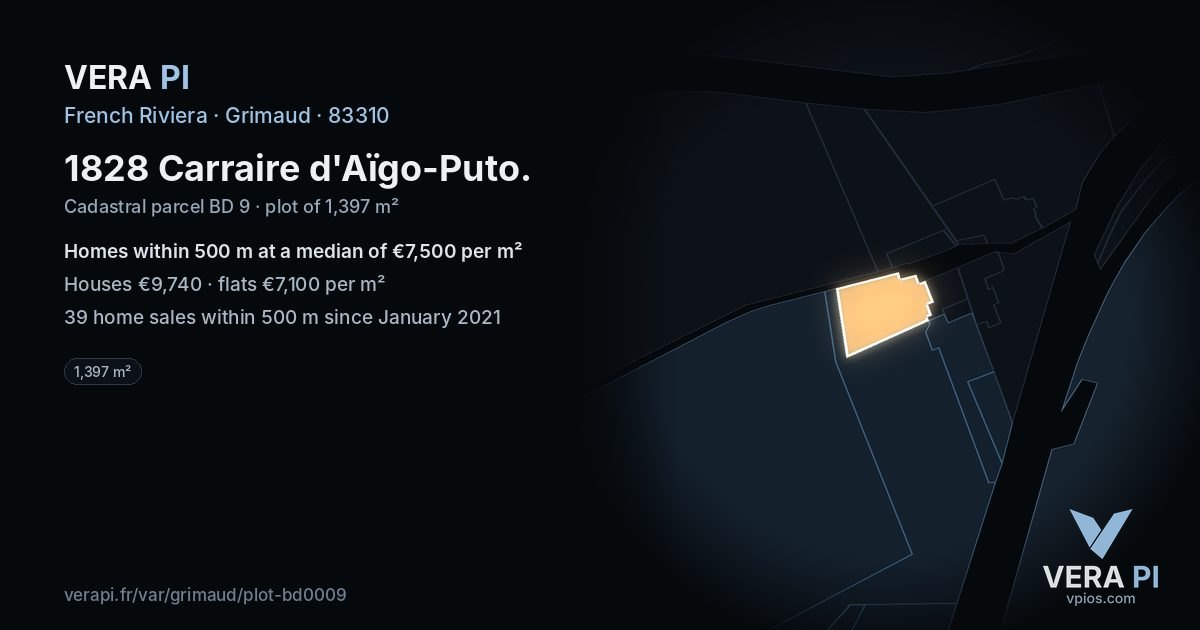1828 Carraire d'Aïgo-Puto, Grimaud at night – the plot lit, the parcels around coloured by the prices near them