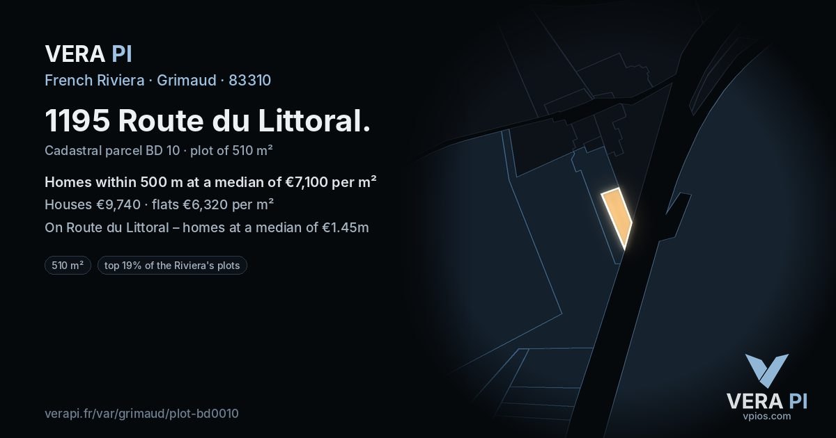 1195 Route du Littoral, Grimaud at night – the plot lit, the parcels around coloured by the prices near them
