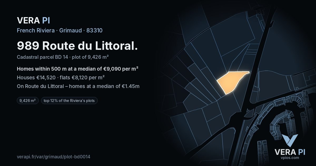 989 Route du Littoral, Grimaud at night – the plot lit, the parcels around coloured by the prices near them