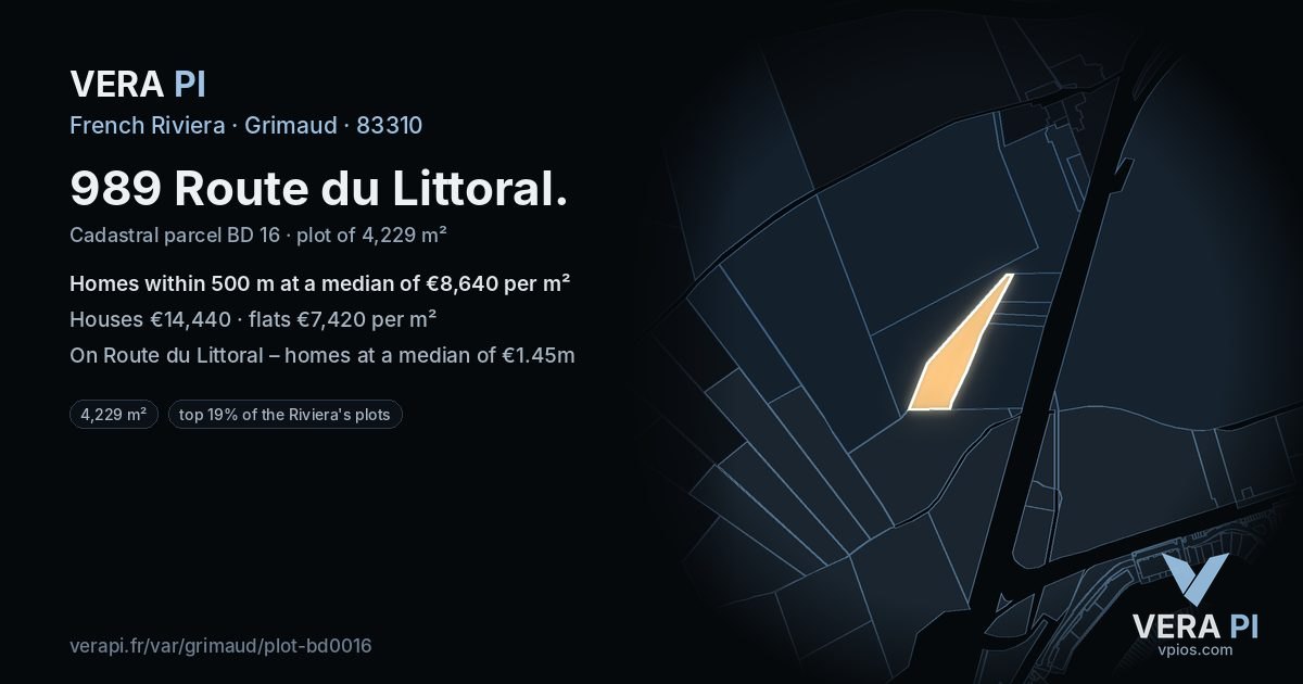 989 Route du Littoral, Grimaud at night – the plot lit, the parcels around coloured by the prices near them