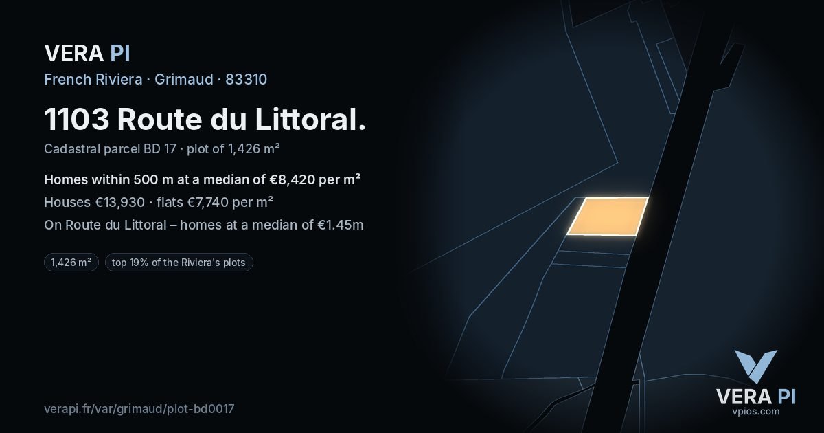 1103 Route du Littoral, Grimaud at night – the plot lit, the parcels around coloured by the prices near them
