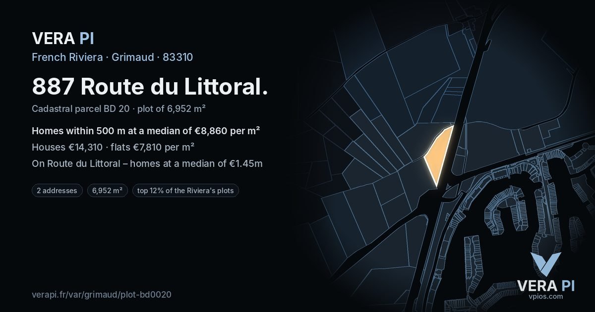 887 Route du Littoral, Grimaud at night – the plot lit, the parcels around coloured by the prices near them