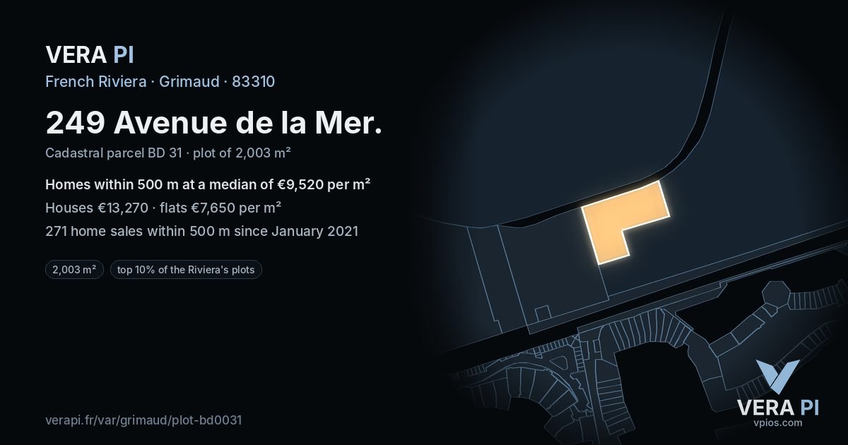 249 Avenue de la Mer, Grimaud at night – the plot lit, the parcels around coloured by the prices near them