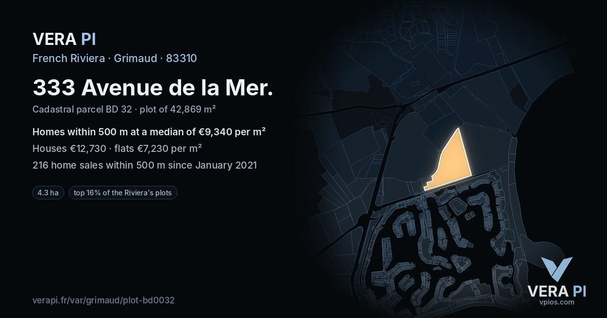 333 Avenue de la Mer, Grimaud at night – the plot lit, the parcels around coloured by the prices near them