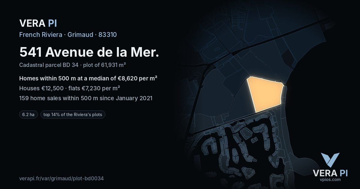 541 Avenue de la Mer, Grimaud at night – the plot lit, the parcels around coloured by the prices near them