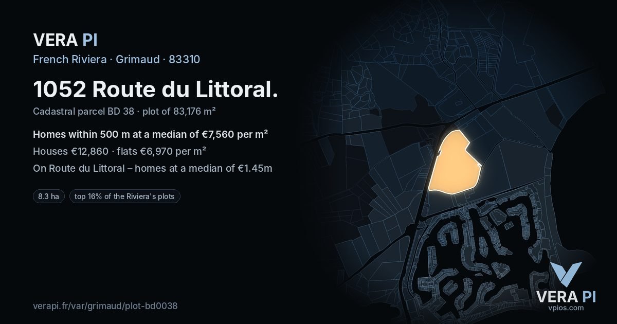 1052 Route du Littoral, Grimaud at night – the plot lit, the parcels around coloured by the prices near them