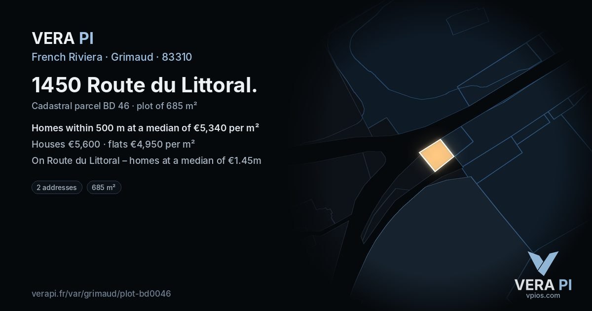 1450 Route du Littoral, Grimaud at night – the plot lit, the parcels around coloured by the prices near them
