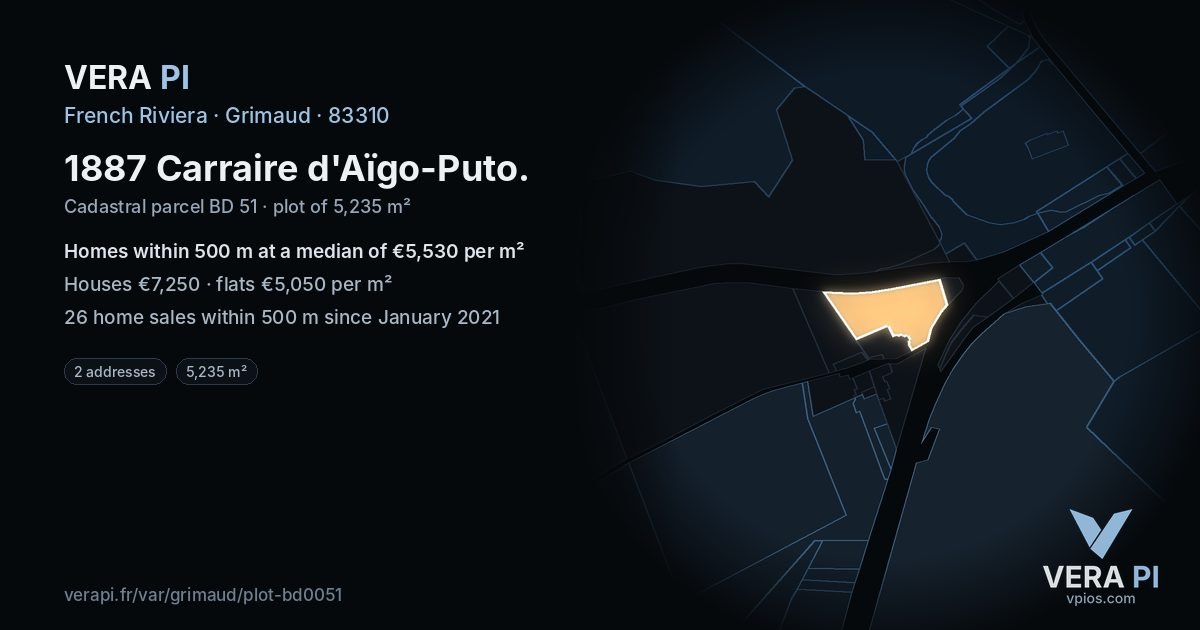 1887 Carraire d'Aïgo-Puto, Grimaud at night – the plot lit, the parcels around coloured by the prices near them