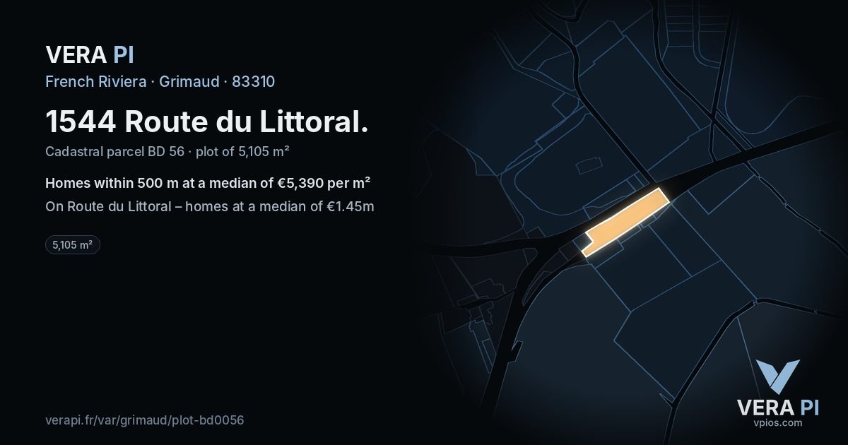 1544 Route du Littoral, Grimaud at night – the plot lit, the parcels around coloured by the prices near them