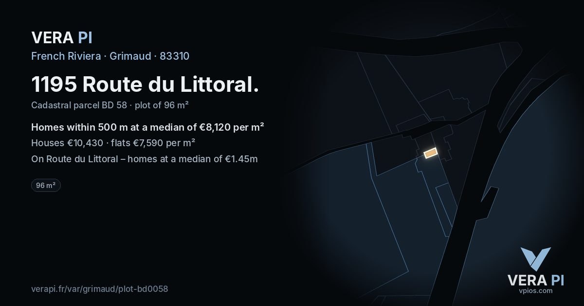 1195 Route du Littoral, Grimaud at night – the plot lit, the parcels around coloured by the prices near them