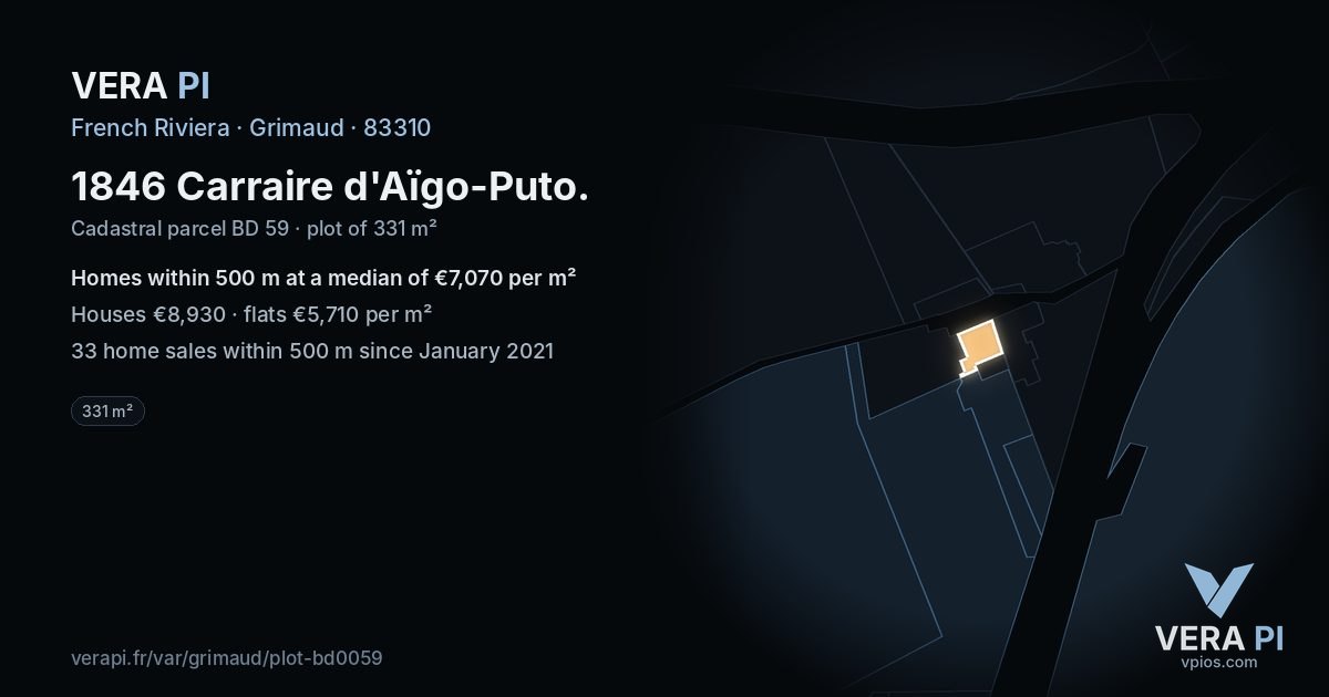 1846 Carraire d'Aïgo-Puto, Grimaud at night – the plot lit, the parcels around coloured by the prices near them