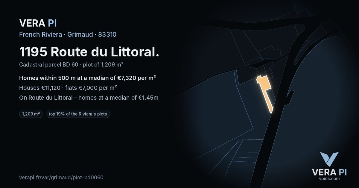 1195 Route du Littoral, Grimaud at night – the plot lit, the parcels around coloured by the prices near them