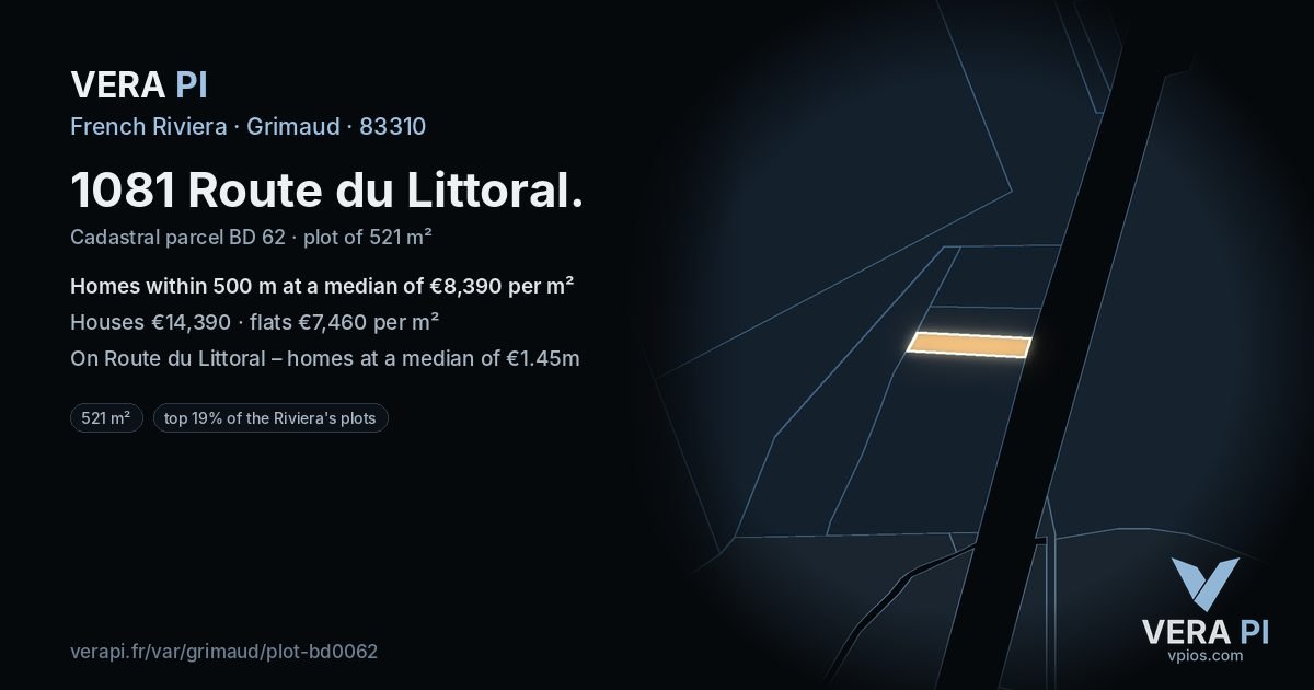 1081 Route du Littoral, Grimaud at night – the plot lit, the parcels around coloured by the prices near them