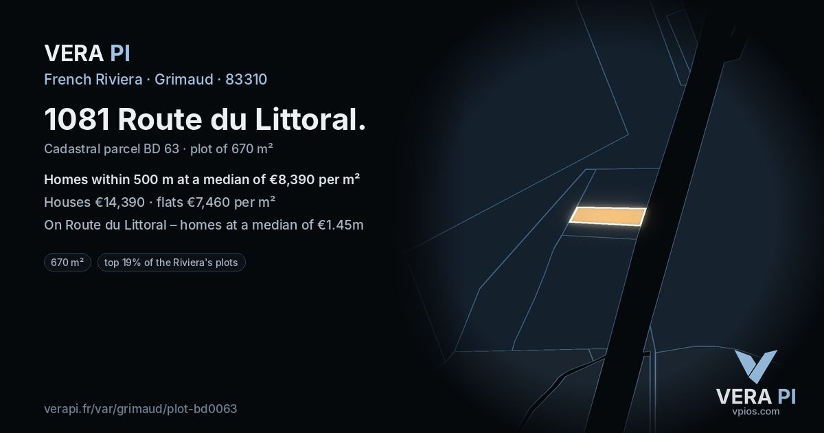 1081 Route du Littoral, Grimaud at night – the plot lit, the parcels around coloured by the prices near them