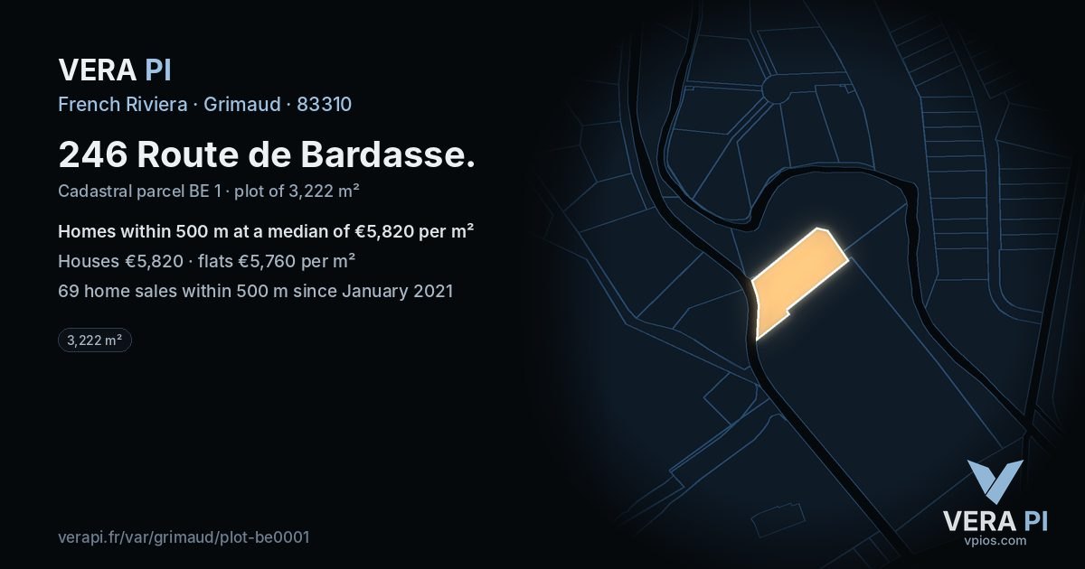 246 Route de Bardasse, Grimaud at night – the plot lit, the parcels around coloured by the prices near them