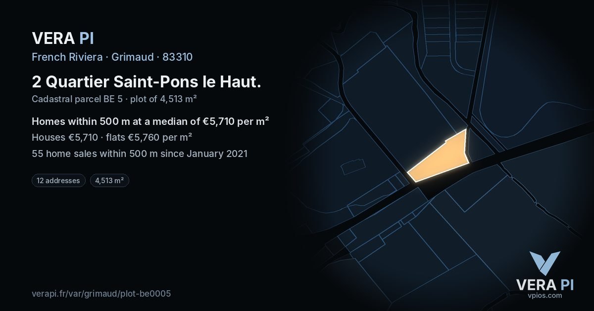 2 Quartier Saint-Pons le Haut, Grimaud at night – the plot lit, the parcels around coloured by the prices near them