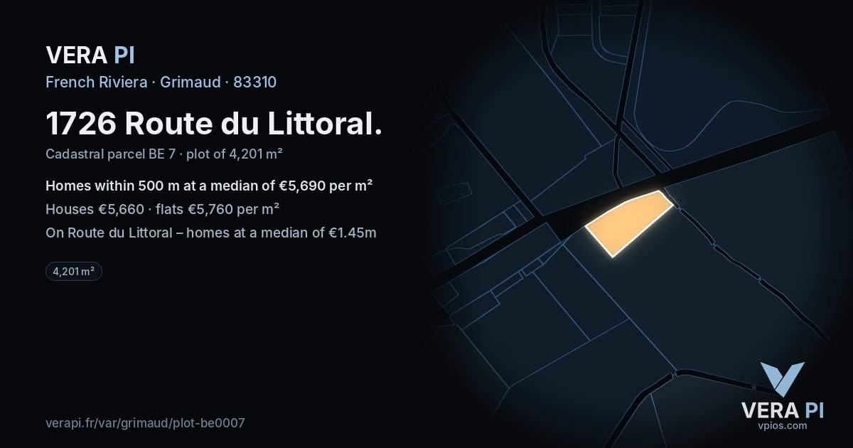 1726 Route du Littoral, Grimaud at night – the plot lit, the parcels around coloured by the prices near them