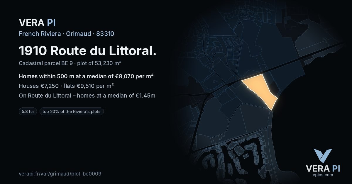 1910 Route du Littoral, Grimaud at night – the plot lit, the parcels around coloured by the prices near them