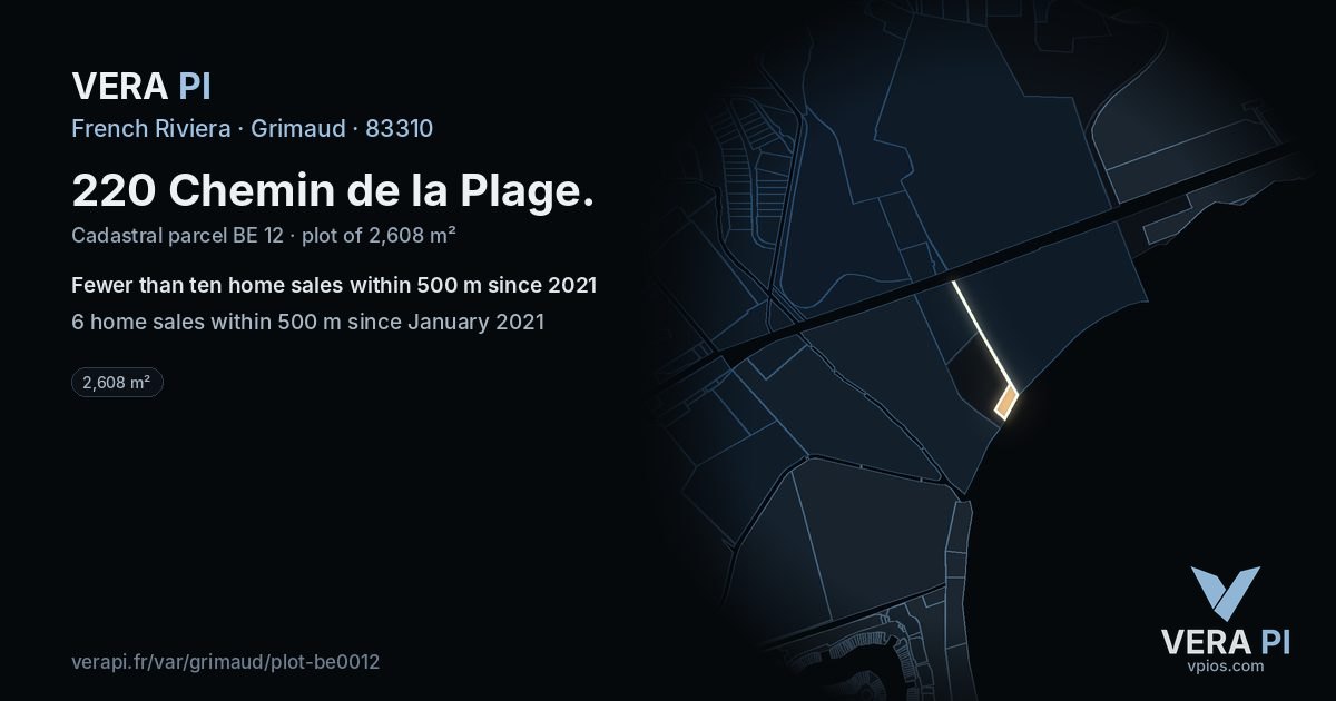 220 Chemin de la Plage, Grimaud at night – the plot lit, the parcels around coloured by the prices near them