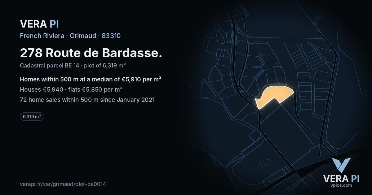 278 Route de Bardasse, Grimaud at night – the plot lit, the parcels around coloured by the prices near them