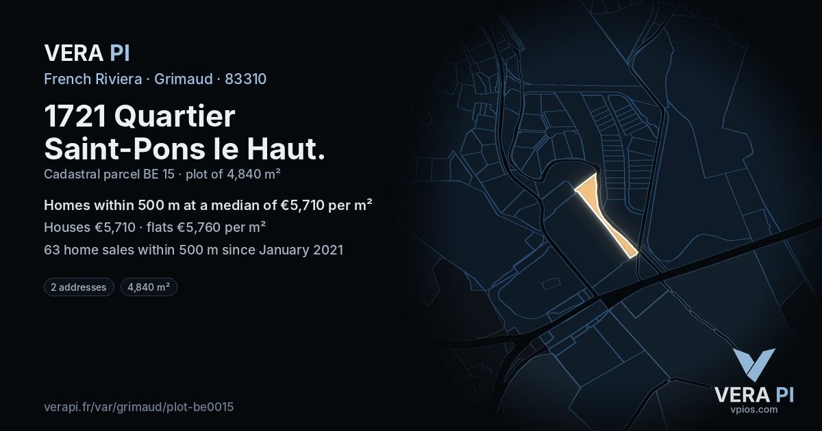 1721 Quartier Saint-Pons le Haut, Grimaud at night – the plot lit, the parcels around coloured by the prices near them