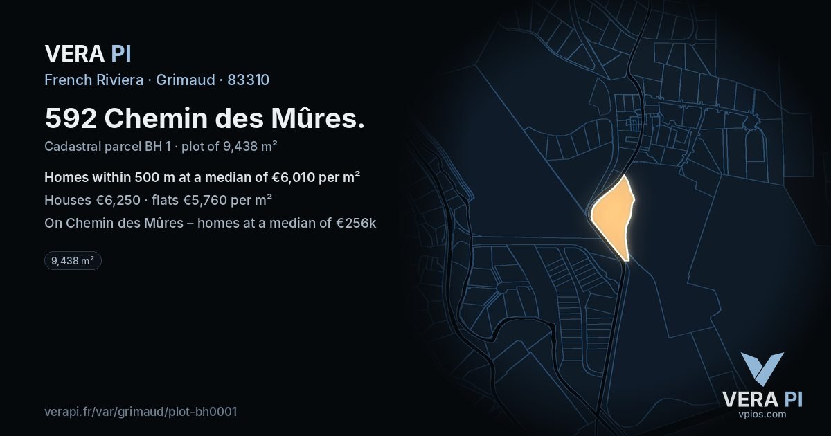 592 Chemin des Mûres, Grimaud at night – the plot lit, the parcels around coloured by the prices near them