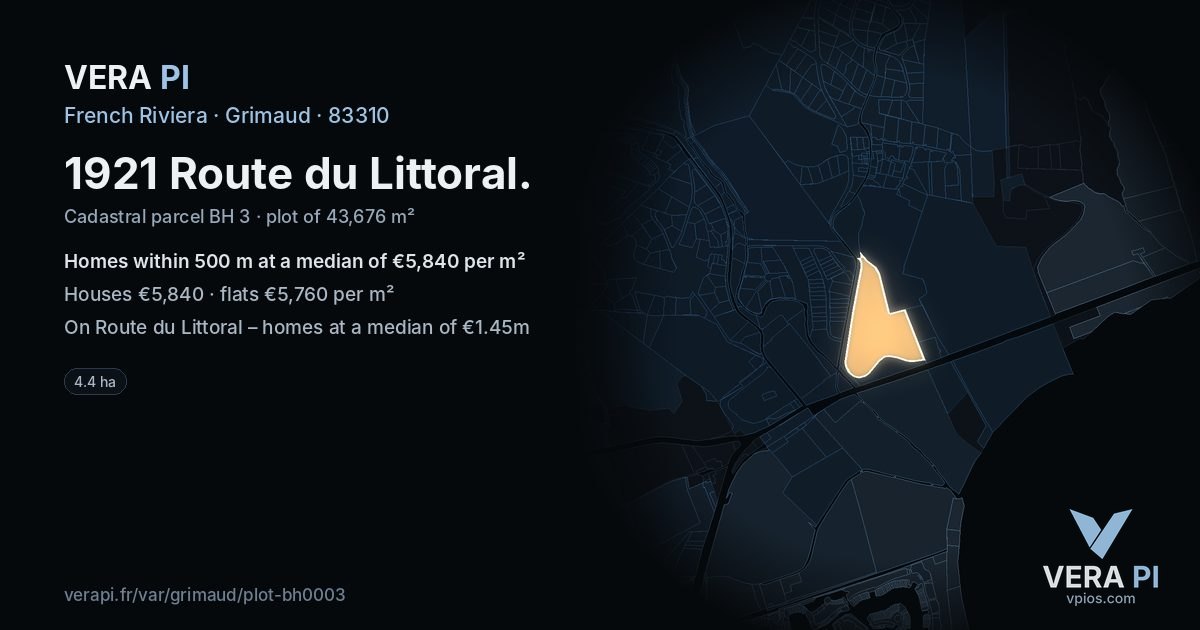 1921 Route du Littoral, Grimaud at night – the plot lit, the parcels around coloured by the prices near them