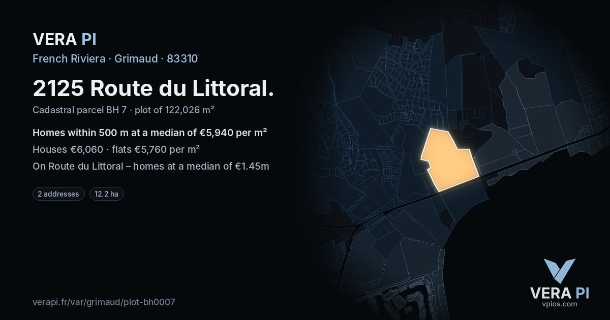 2125 Route du Littoral, Grimaud at night – the plot lit, the parcels around coloured by the prices near them