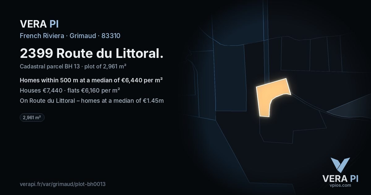 2399 Route du Littoral, Grimaud at night – the plot lit, the parcels around coloured by the prices near them