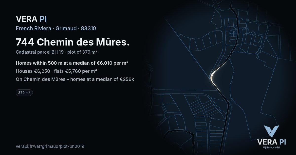 744 Chemin des Mûres, Grimaud at night – the plot lit, the parcels around coloured by the prices near them