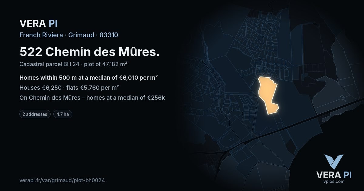 522 Chemin des Mûres, Grimaud at night – the plot lit, the parcels around coloured by the prices near them