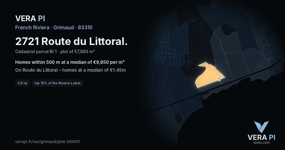 2721 Route du Littoral, Grimaud at night – the plot lit, the parcels around coloured by the prices near them