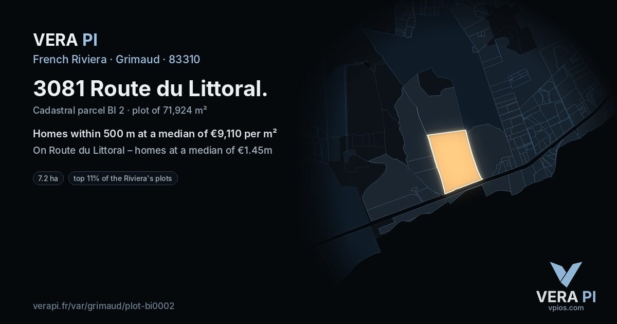 3081 Route du Littoral, Grimaud at night – the plot lit, the parcels around coloured by the prices near them