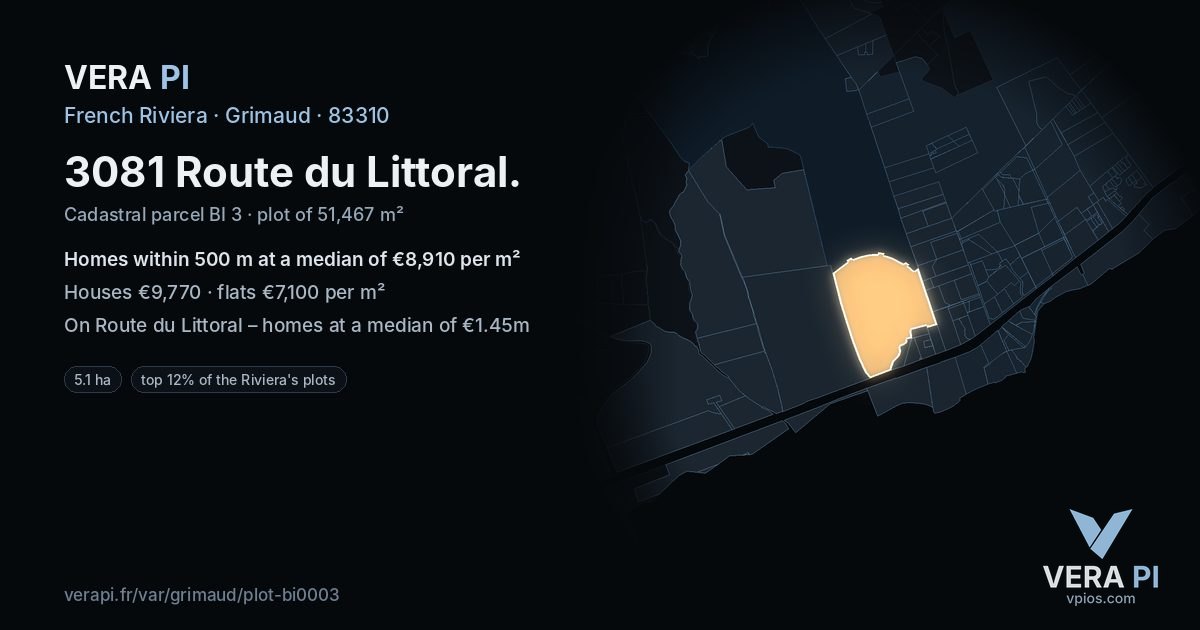 3081 Route du Littoral, Grimaud at night – the plot lit, the parcels around coloured by the prices near them