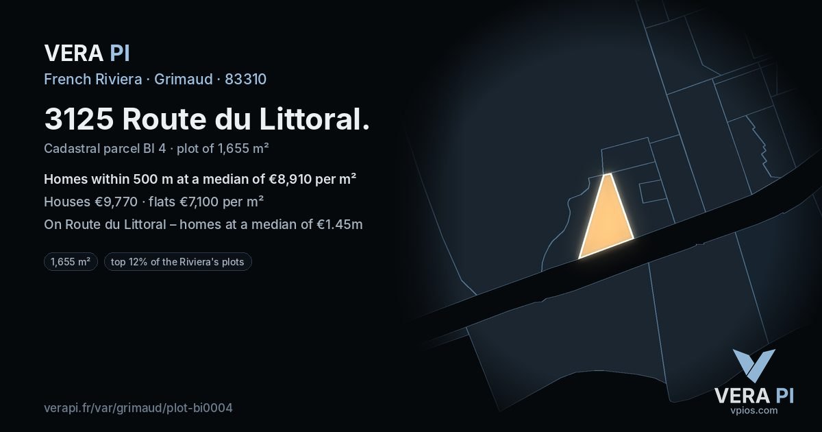 3125 Route du Littoral, Grimaud at night – the plot lit, the parcels around coloured by the prices near them