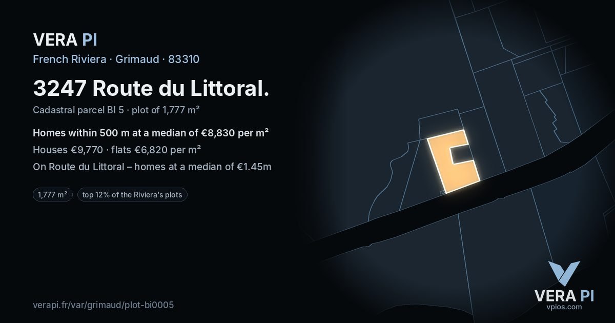 3247 Route du Littoral, Grimaud at night – the plot lit, the parcels around coloured by the prices near them