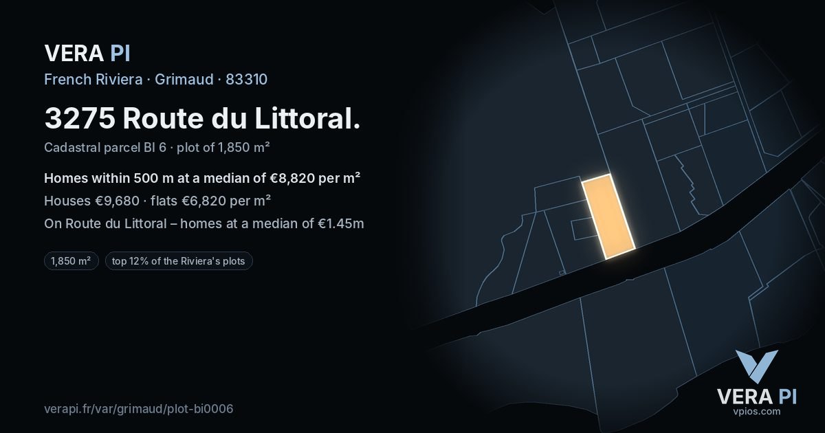 3275 Route du Littoral, Grimaud at night – the plot lit, the parcels around coloured by the prices near them