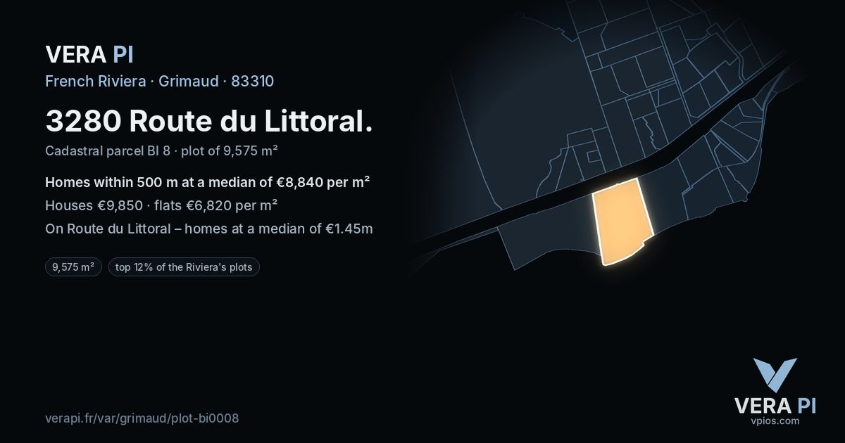 3280 Route du Littoral, Grimaud at night – the plot lit, the parcels around coloured by the prices near them