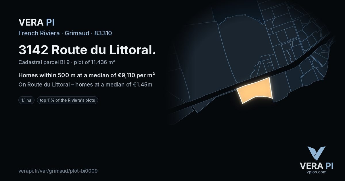 3142 Route du Littoral, Grimaud at night – the plot lit, the parcels around coloured by the prices near them