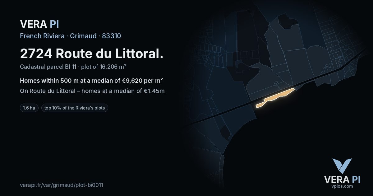 2724 Route du Littoral, Grimaud at night – the plot lit, the parcels around coloured by the prices near them
